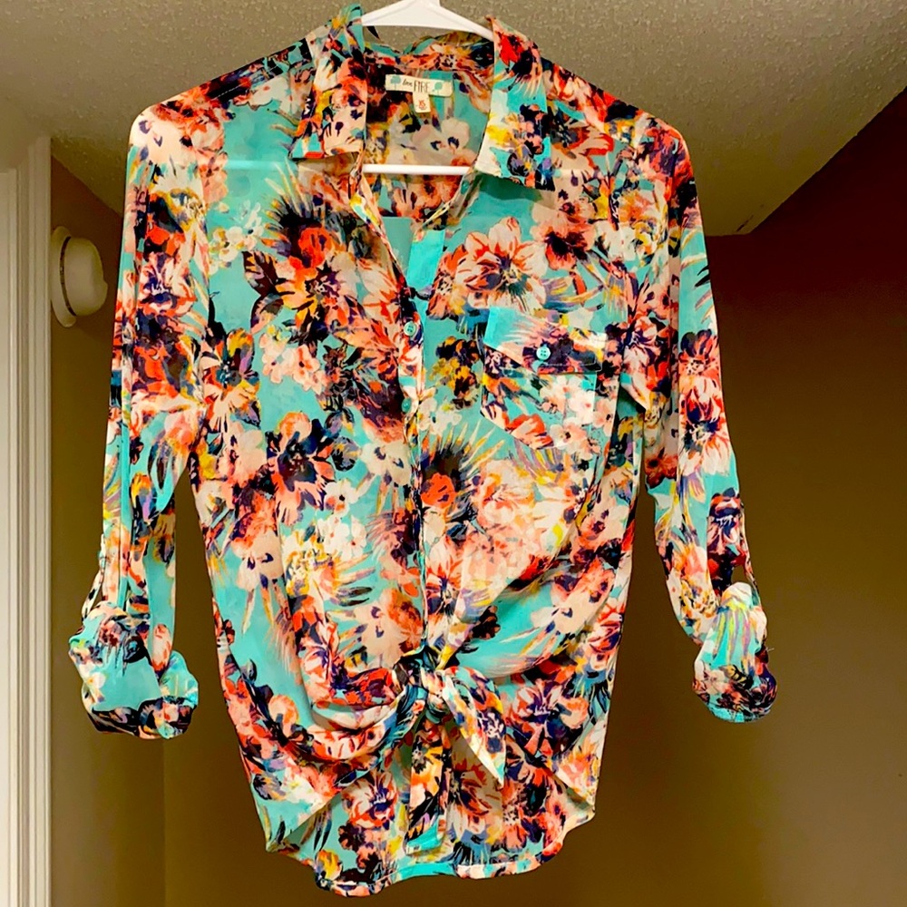 Chiffon sheer tie front button down shirt